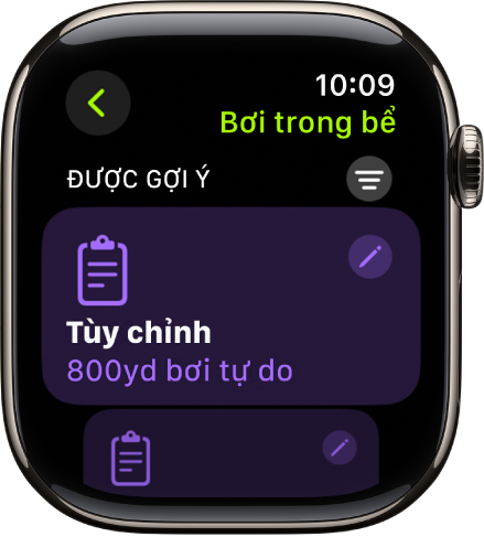 Một màn hình trong ứng dụng Bài tập đang hiển thị các cài đặt cho một bài tập Bơi trong bể tùy chỉnh.