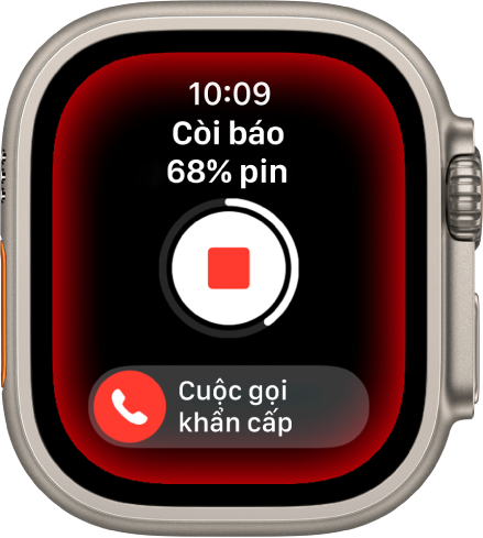 Còi báo đang đếm ngược. Ở gần trên cùng là điện tích pin, ở giữa là nút Phát ở dưới cùng là thanh trượt Cuộc gọi khẩn cấp.