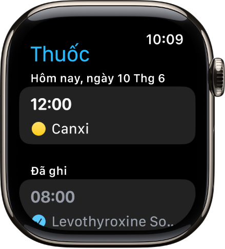 Ứng dụng Thuốc đang hiển thị các thuốc đã ghi.