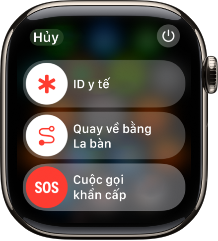 Màn hình dịch vụ khẩn cấp. Ở gần trên cùng là thanh trượt ID y tế, ở giữa là thanh trượt Quay về bằng La bàn và ở dưới cùng là thanh trượt Cuộc gọi khẩn cấp.