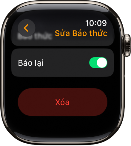 Màn hình Sửa báo thức, với nút Xóa ở dưới cùng.