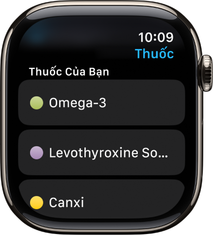 Ứng dụng Thuốc đang hiển thị một danh sách tất cả các thuốc.