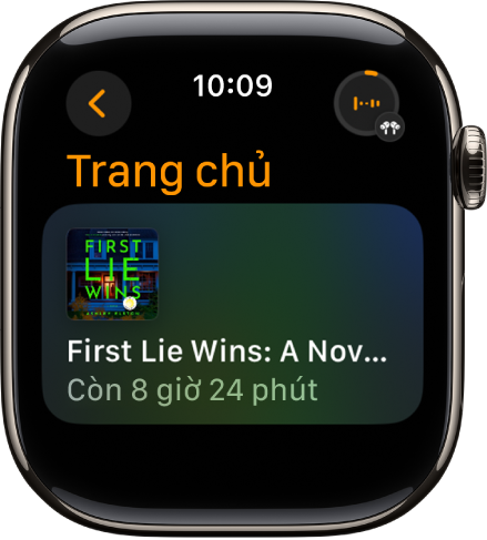 Một màn hình Sách nói đang hiển thị sách hiện đang phát, với tiêu đề và thời gian còn lại. Nút Đang phát ở trên cùng bên phải.