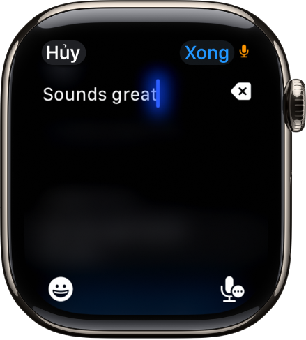 Màn hình trường văn bản đang hiển thị một tin nhắn được tạo bằng tính năng đọc chính tả. Các nút Biểu tượng và Đọc chính tả ở cuối màn hình.