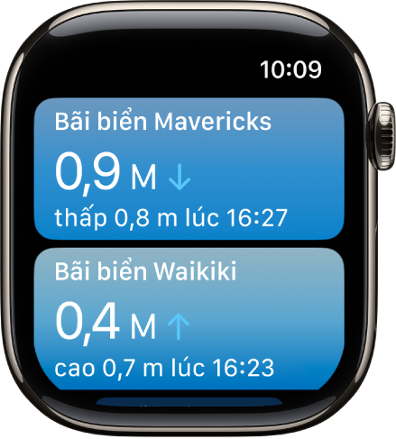 Một màn hình trong ứng dụng Thủy triều đang hiển thị danh sách các vị trí với thông tin thủy triều.
