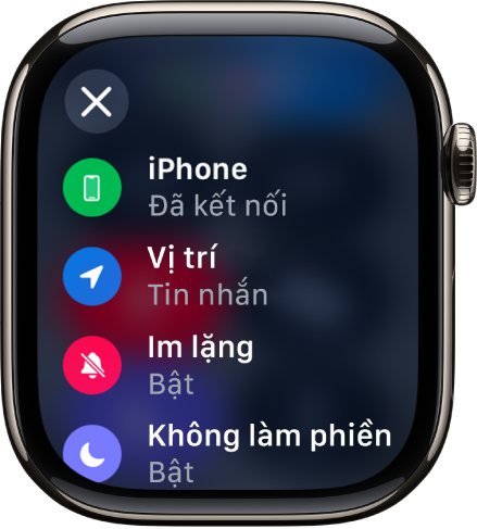 Chi tiết trạng thái đang hiển thị iPhone được kết nối, Vị trí đang được sử dụng bởi Tin nhắn, Chế độ im lặng được bật và Không làm phiền được bật.
