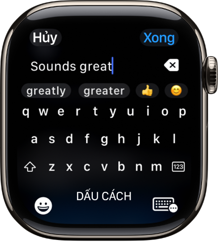 Màn hình trường văn bản đang hiển thị một tin nhắn được tạo bằng bàn phím ảo. Các nút Biểu tượng và Bàn phím ảo ở cuối màn hình.