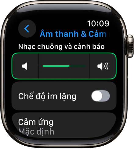 Cài đặt Âm thanh & Cảm ứng trên Apple Watch với thanh trượt Âm lượng cảnh báo ở trên cùng và công tắc Chế độ im lặng ở bên dưới.