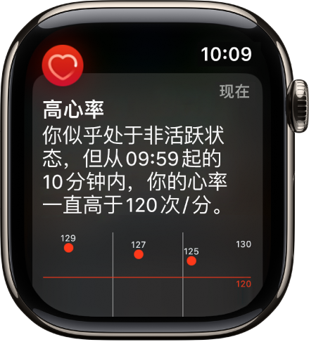 “心率提醒”屏幕，指示检测到心率较高。