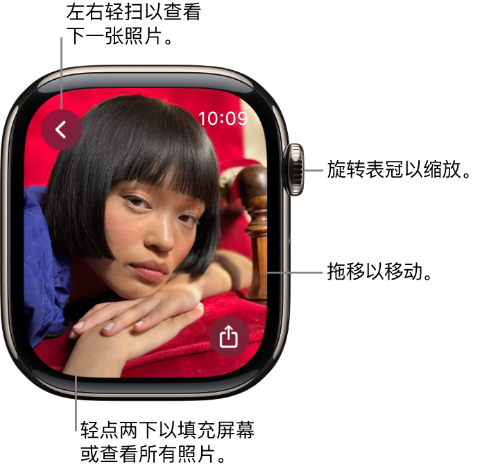 查看照片时,旋转数码表冠可进行缩放,拖移可进行移动,或者轻点两下可在查看所有照片和使该照片填充整个屏幕间切换。左右轻扫来查看下一张照片。右下方为“共享”按钮。