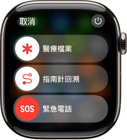 緊急服務畫面。「醫療檔案」滑桿位於最上方附近，「指南針回溯」滑桿位於中間，「緊急電話」滑桿則位於底部。