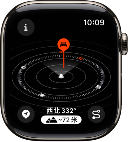 「指南針」App 顯示 3D 高度顯示方式。在帶角度的指南針儀表盤中間,目前的位置以白色圓點標示。一個較長的柱狀上的紅色大頭針標示一個較遠的航點。