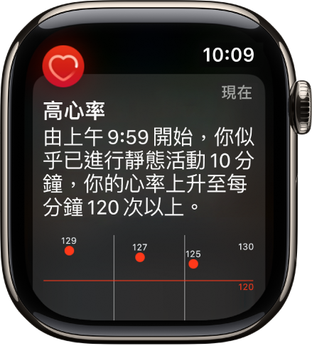 「心率提示」畫面表示偵測到過高的心率。