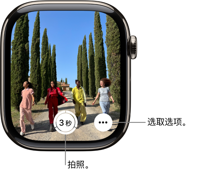 Apple Watch 屏幕显示 iPhone 相机视图中的内容。快门按钮位于底部中间。“更多选项”按钮位于右下方。
