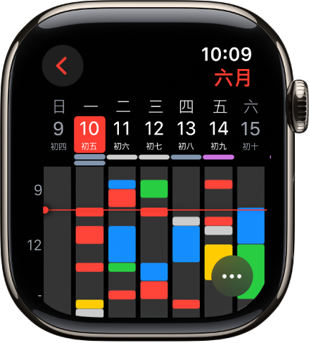 “日历” App 显示了一周的日程。每个日程使用不同颜色编码,指示其所在的日历。右上方是月份,顶部一行是星期和日期。全天日程在每天的日期下方以横条标记。一条穿过当周的线指示了当前时间。右下方为“更多”按钮。