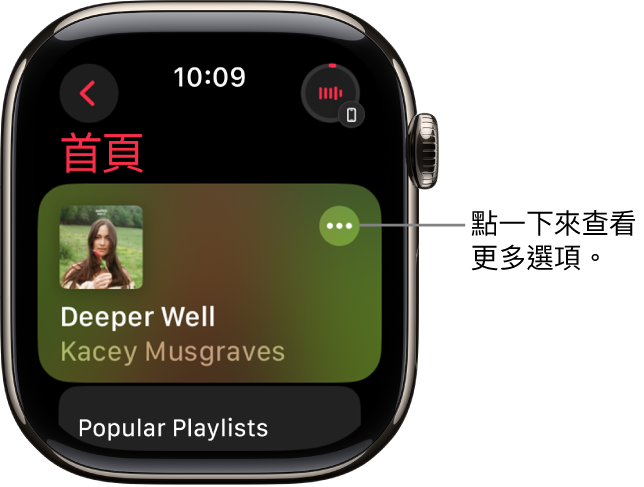 「音樂」App 的「首頁」畫面顯示一張專輯。「更多選項」按鈕位於右側。右上角是「播放中」按鈕。「返回」按鈕位於左上角。