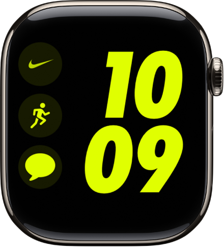 「Nike 數位」錶面。右側以大型數字顯示時間。左方的 Nike App 複雜功能位於左上角,「體能訓練」複雜功能位於中央,「訊息」複雜功能位於下方。
