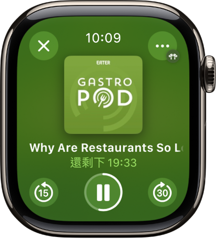 Podcast App 顯示「播放中」畫面,中間顯示專輯封面、單集標題和剩餘時間。螢幕底部為「跳到上一段」、「播放/暫停」和「跳到下一段」按鈕。「更多選項」按鈕位於右上方;「關閉」按鈕位於左上方。