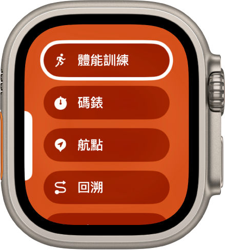 「快速切換」畫面顯示可指定給「動作」按鈕的動作,例如「體能訓練」、「碼錶」和「航點」。