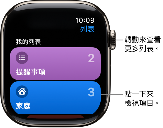 「提醒事項」App 的「列表」畫面顯示二個列表按鈕:「家庭」和「住家」。右側數字表示每個列表中有多少提醒事項。點一下列表來檢視其中的項目,或轉動數位錶冠來查看更多列表。