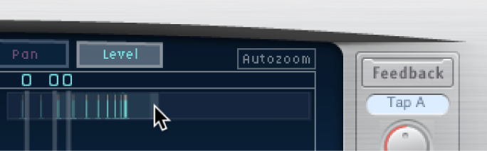 Barras destacadas da tela Visão Geral do Delay Designer sendo arrastadas horizontalmente para ampliar ou reduzir a tela Toque.