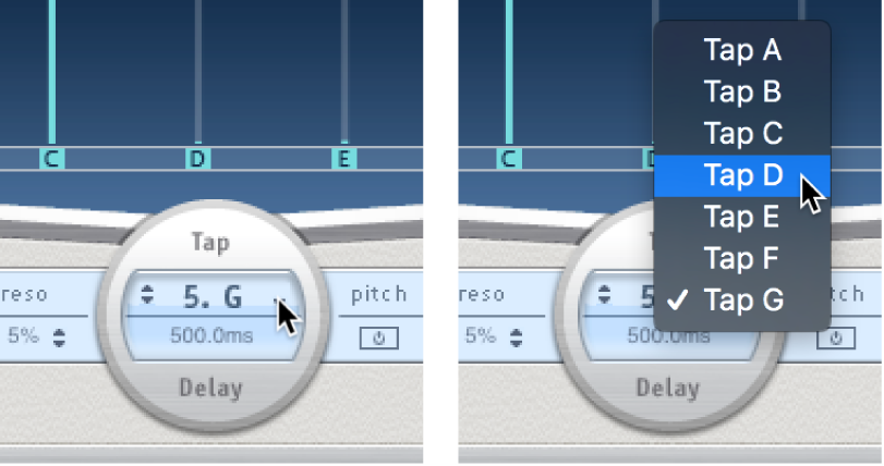 Um nome de toque e um menu pop‑up abaixo da tela de Toque do Delay Designer.