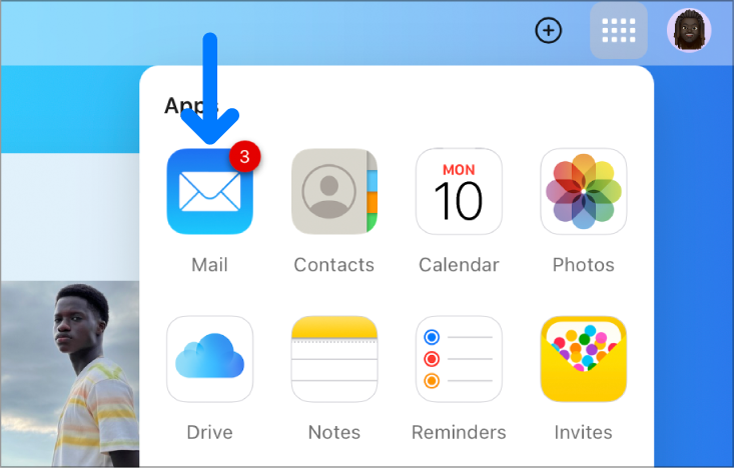 On the iCloud.com homepage, the App Launcher is open, and the Mail app icon has a badge with the number three.