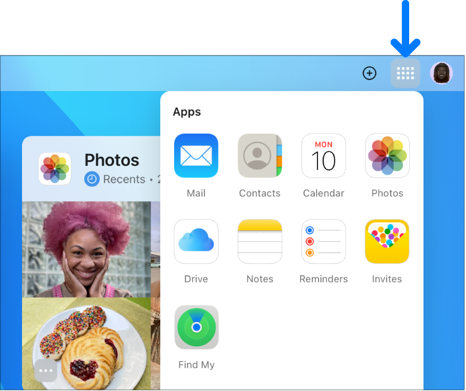 iCloud होमपेज पर, ऐप लॉन्चर खुल जाता है और आगे दिए गए ऐप्स दिखाता है: मेल, कैलेंडर, तस्वीर, Drive, नोट्स, रिमाइंडर, आमंत्रण और Find My.