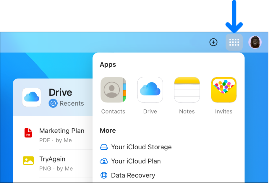 På startsidan för iCloud är appmenyn öppen och visar apparna Kontakter, iCloud Drive, Anteckningar och Inbjudningar.