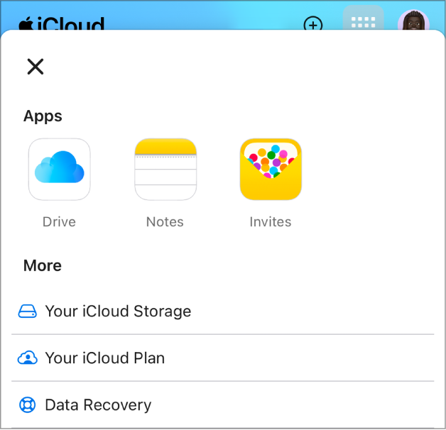 On the iCloud homepage, the App Launcher is open and shows the apps iCloud Drive, Notes, and Invites, as well as more options for Your iCloud Storage, Your iCloud Plan, and Data Recovery.