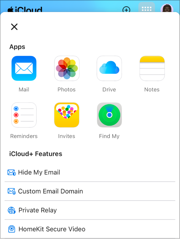On the iCloud homepage, the App Launcher is open and shows the following apps: Mail, Photos, iCloud Drive, Notes, Reminders, Invites, and Find My.