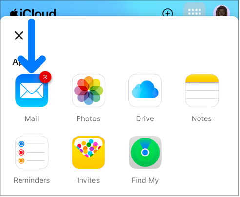 On the iCloud.com homepage, the App Launcher is open, and the Mail app icon has a badge with the number three.