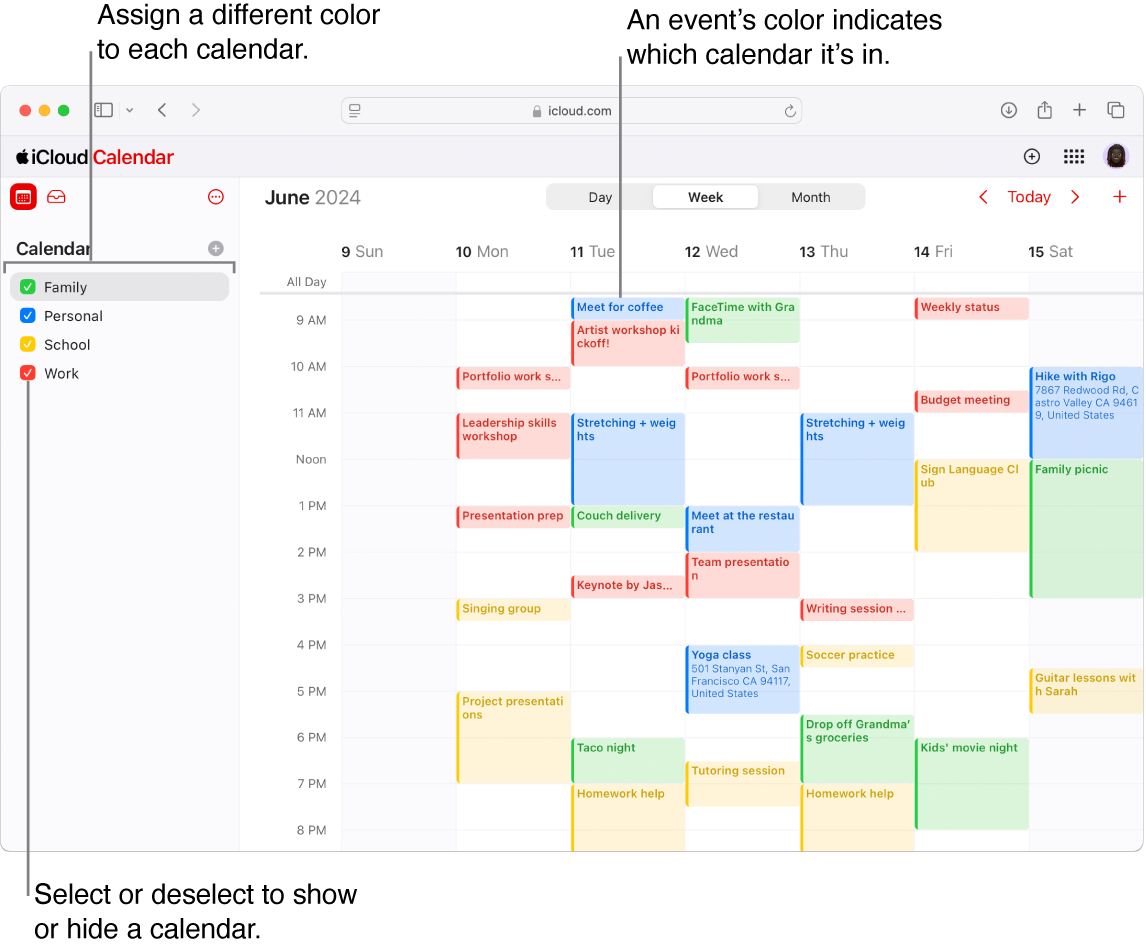 Vinduet Kalender på iCloud.com, hvor flere kalendere er synlige. Kalenderne tildeles forskellige farver, og en begivenheds farve fortæller, hvilken kalender den er i.