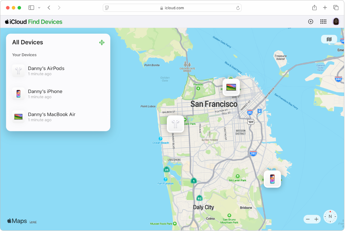 „Geräte suchen“ auf iCloud.com, in Safari auf einem Mac geöffnet. Es werden die Standorte von zwei Geräten auf einer Karte von San Francisco angezeigt.