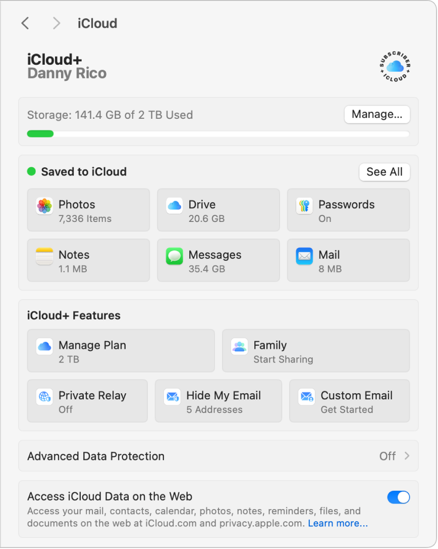 Das Fenster „Systemeinstellungen“ mit ausgewählten iCloud-Funktionen.