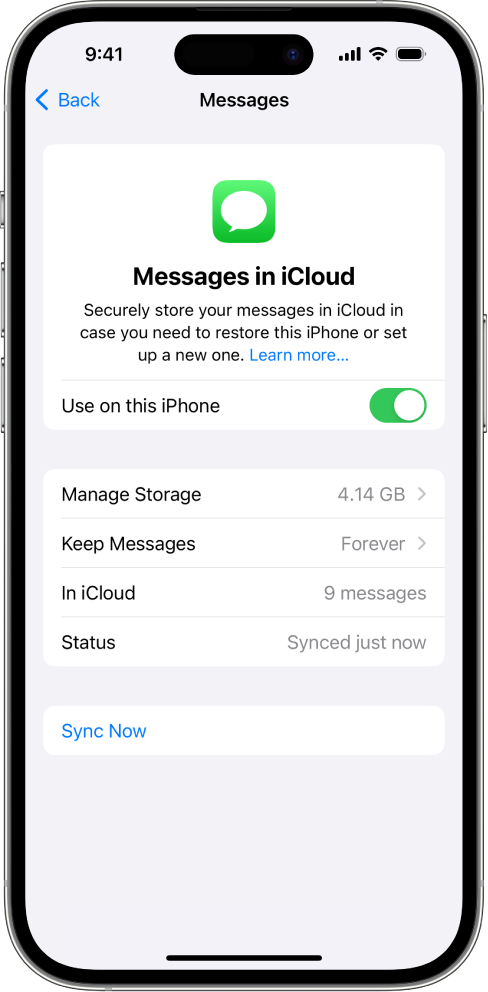 The Messages screen in iCloud settings. Sync this iPhone is turned on.