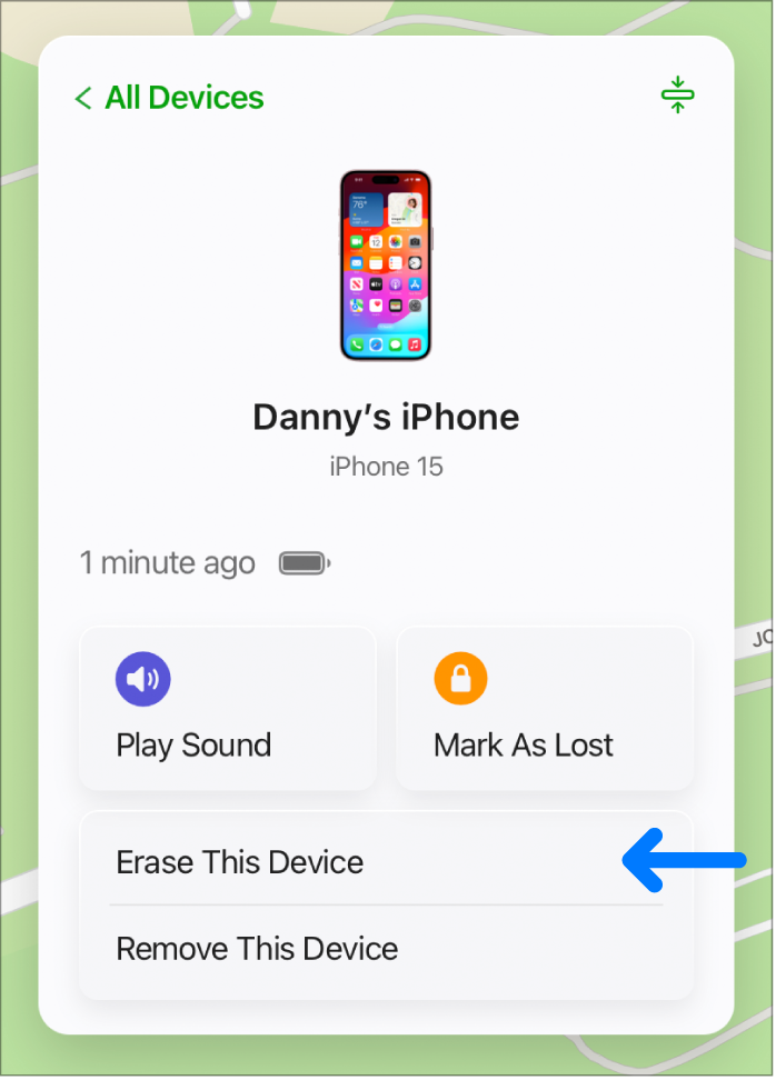 Le bouton Effacer l’appareil dans la fenêtre Infos de l’appareil.