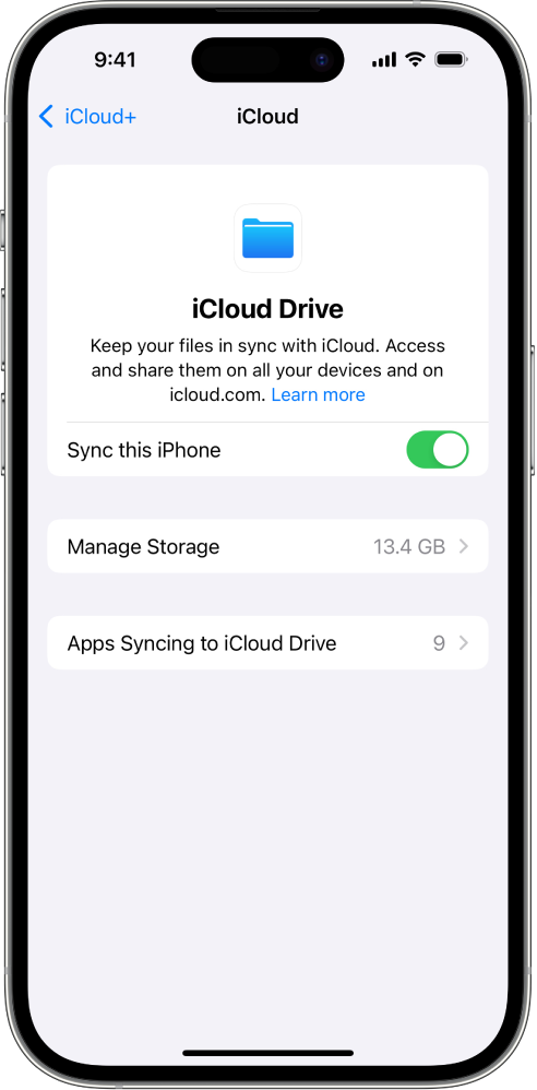 Écran iCloud Drive dans les réglages iCloud. L’option Synchroniser cet iPhone est activée.