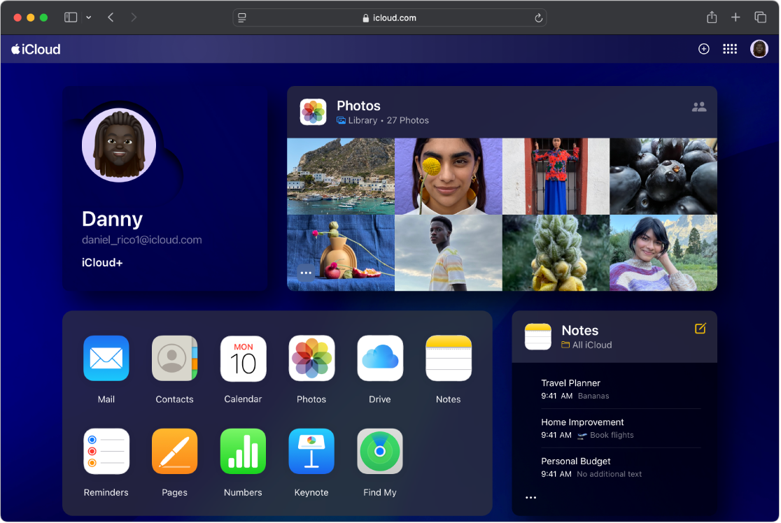 La home page di iCloud.com con la modalità scura attivata.