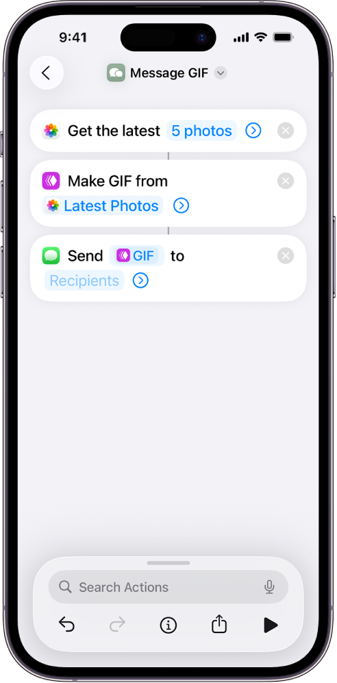 Shortcut editor showing actions used to send a message with photos as an animated GIF.