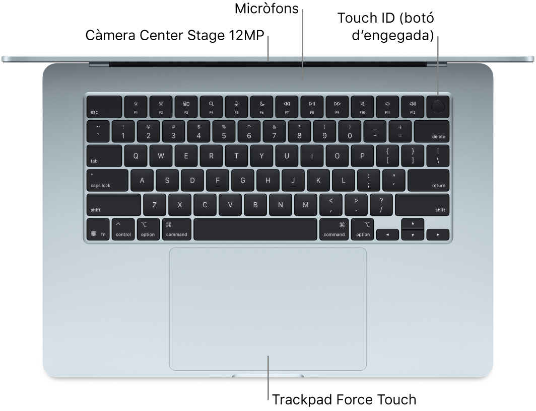 Un MacBook Air obert, en un pla zenital, en què s’indica la posició de la càmera, els micròfons, el Touch ID (botó d’engegada) i el trackpad Force Touch.
