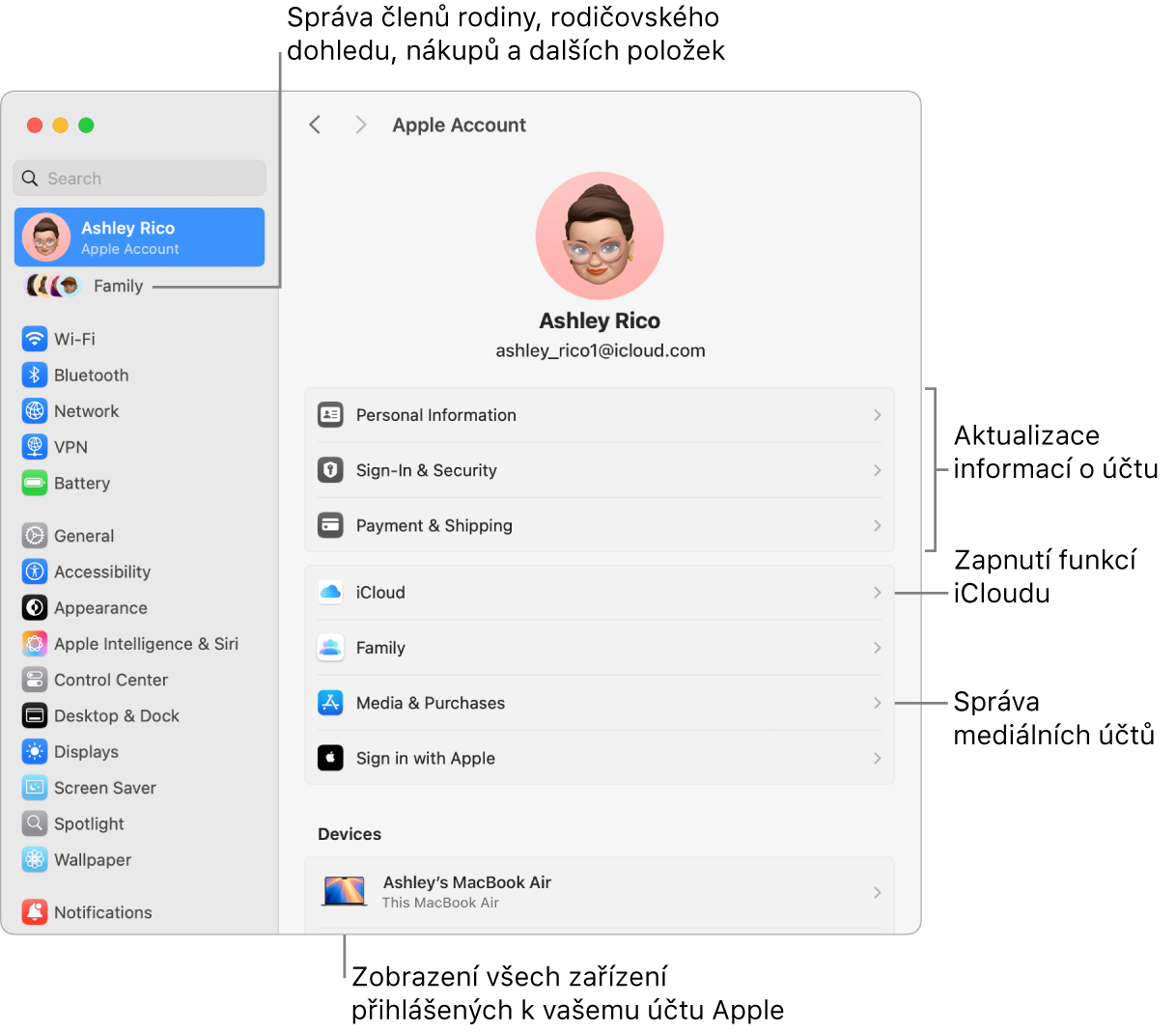 Volby účtu Apple v Nastavení systému s popisky u ovládacích prvků pro aktualizaci informací o účtu, zapnutí nebo vypnutí různých funkcí iCloudu a správu účtů pro média a u volby Rodina, která vám umožňuje spravovat členy rodiny, rodičovský dohled, nákupy a další položky.