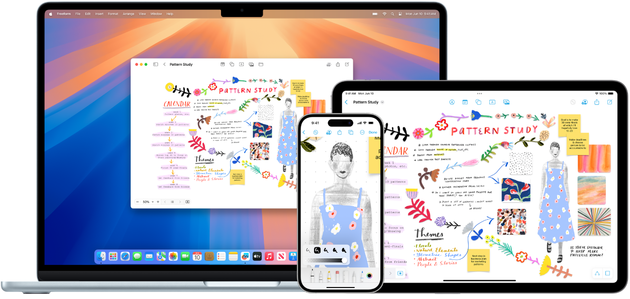 Mac, iPhone a iPad s toutéž tabulí aplikace Freeform board