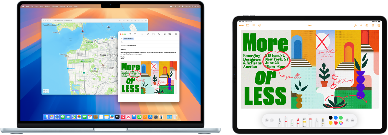 MacBook Air a iPad vedle sebe. Na obrazovce iPadu je vidět leták s anotacemi. Na obrazovce MacBooku Air je vidět zpráva v Mailu, obsahující jako přílohu anotovaný leták z iPadu.