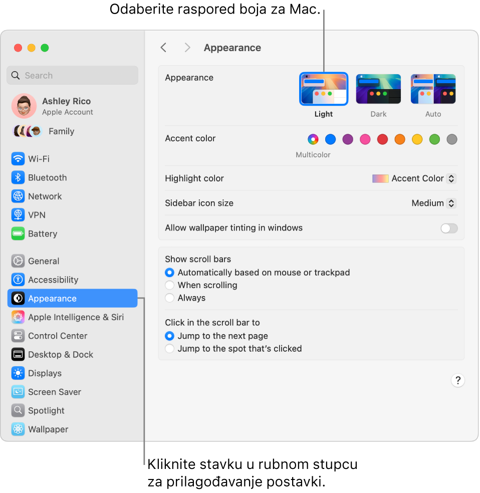 Prozor Izgled u Postavkama sustava.