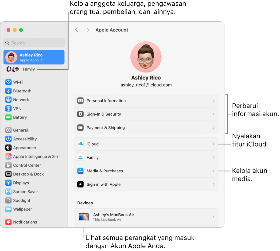 Pengaturan Akun Apple di Pengaturan Sistem dengan keterangan untuk memperbarui informasi akun, menyalakan atau mematikan fitur iCloud, mengelola akun media, dan Keluarga, tempat Anda dapat mengelola anggota keluarga, pengawasan orang tua, pembelian, dan lainnya.