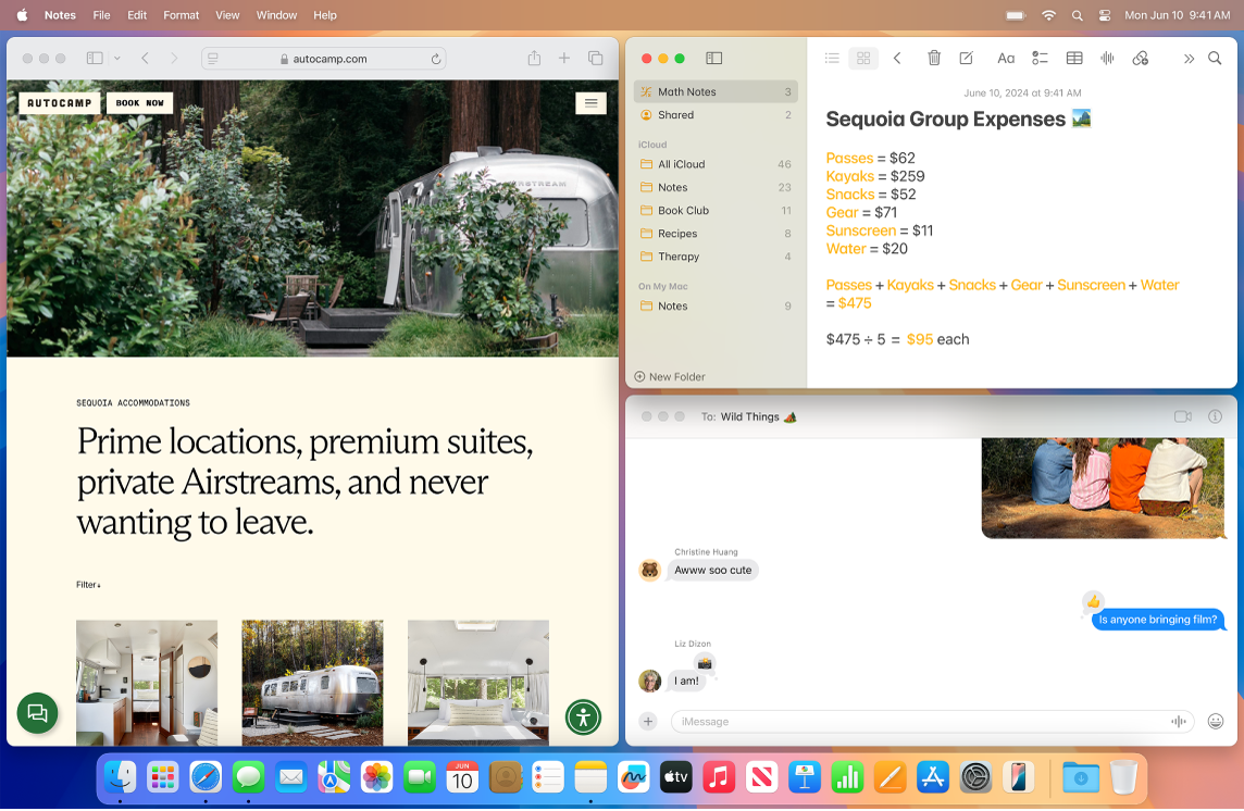 Safari, 메모, 메시지 앱을 표시하는 Mac.