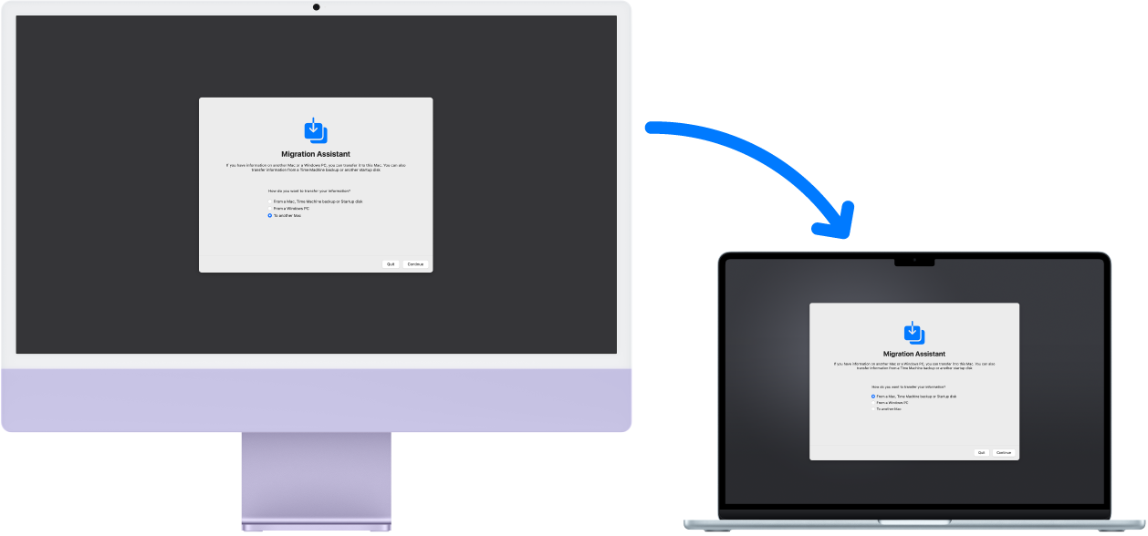 Een iMac en een MacBook Air met op beide het scherm van Migratie-assistent. Een pijl van de iMac naar de MacBook Pro symboliseert de gegevensoverdracht van de ene naar de andere computer.