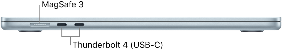 Vista do lado esquerdo de um MacBook Air com chamadas para as portas MagSafe 3 e Thunderbolt 4.