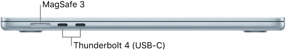 Pogled na računalnik MacBook Air s strani s poudarjenim MagSafe 3 in vhodi Thunderbolt 4.